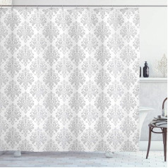 ABAKUHAUS Damask Grey Shower Curtain, Baroque Botany Swirls, Fabric Fabric Bathroom Decoration Set with Hooks, 175 x 200 cm, Pale Grey and White