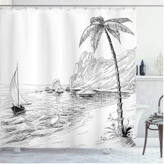 ABAKUHAUS Black and White Shower Curtain, Exotic Holiday, Waterproof Fabric with 12 Hooks Set, Decorative Colourfast, Bacteria Resistant, 175 x 180 cm, Black and White