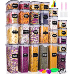Storage Jars Set of 25 Kitchen Organiser, Storage Containers, Food Storage Containers with Lid, Kitchen Storage Container, Multi-Grain Container, with Measuring Spoon, Labelling Pen, Sticker, Sponge
