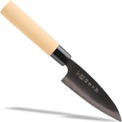 Seki Sanbonsugi Japanese Utility Chef Kitchen Knife, Japanese Black Blade, Ajikiri Small Deba Knife, Shiraki Wooden Handle, 105 mm, Made in Seki Japan