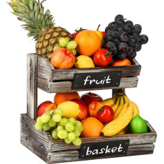 J JACKCUBE DESIGN MK568A Country House Decor Rustic Wood 2 Tier Fruit Basket with Boards, Vegetables and Storage Compartment Display Stand, Wooden Box for Bread, Snacks, Worktop Organiser