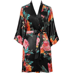 Prodesign Women's Dressing Gown Summer Short Kimono Flowers Printed Bathrobe Satin Robe Sleepwear Women's Beach Dress Girl Pyjama Party