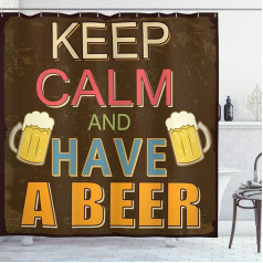 ABAKUHAUS Keep Calm Shower Curtain, Have A Beer Vintage Fabric Bathroom Decoration Set with Hooks, 175 x 200 cm, Multicoloured