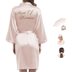 Y WJing Yi Jia Women's Silk Bridesmaid Bathrobe Women's Satin Bridal Bathrobe Wedding Party with Eye Mask and Hair Tie 3-in-1 Set Monogram Print Wedding Dress Kimonos Bathrobe