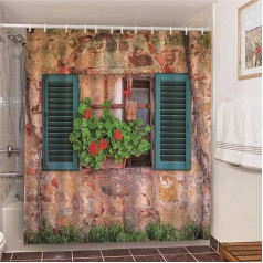 YUAOEUR 3D Garden Shower Curtains Green Plants Flowers Wooden Window Brick Wall Home Outdoor Bathroom Decoration Fabric with Hooks 71 Inch Green Rock Color