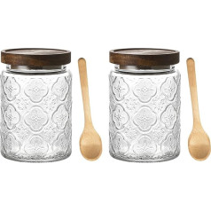 Glass with Airtight Lid and Spoon Glass Food Storage Jars Sets for Kitchen Candy Bar Glasses Biscuit Jar Storage Jar Gifts for Women Tea Coffee Container 2 Pieces 700 ml (Plum Blossom)
