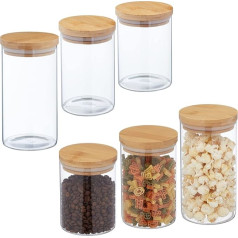 Relaxdays Storage Jars with Bamboo Lid, Set of 6, Glass Storage Jars, 650 ml, 800 ml & 1 Litre, Airtight, Transparent/Natural, 18 x 10 cm