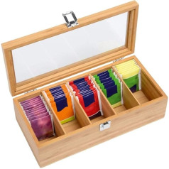 Tea Box, Wooden Tea Bag Organiser with 5 Deeper Compartments, Made of Natural Bamboo, with Transparent Window and Magnetic Closure, Caddy Box Organizer for Coffee, Tea, Sugar Bag