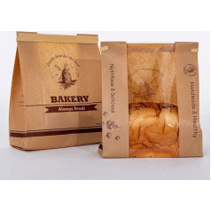 Lesibag Pack of 50 Bread Bags for Homemade Bread, Large Paper Bags with Window, Printed Pewter Tie Tab Lock Box Bags for Toast, Biscuits (Bakery)
