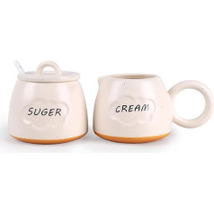 Umlaca Ceramic Cream & Sugar Set, Sugar Bowl with Lid and Spoon, Milk Jug & Sugar Bowl, Coffee Serving Set, Sugar & Creamer Set for Home, Wedding, Gift (Beige)