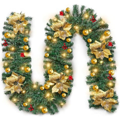 WEASHUME Christmas Garland with Lighting 2.7 m Artificial Fir Garland with LED Fairy Lights, Flowers, Balls, Artificial Garland Christmas Decoration for Door, Stairs, Fireplaces, Gold