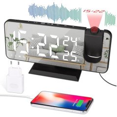 Projection Alarm Clock, Digital LED Alarm Clock with Charger, Radio Alarm Clock with USB Charging Port, Double Alarm Clock, LED Mirror Screen, Adjustable Brightness, Temperature and Humidity Display,