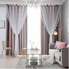Curtain Opaque Blackout Curtains Star Curtains Double Layer Star Curtains with Voile Curtains for Girls Bedroom Living Room Children's Room 1 Piece (Grey, W 132 x H 160 cm)