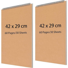 ZOENHOU 2 Pack A3 Sketchbook 160gsm Spiral Bound Sketch Pad Landscape Hard Cover Drawing Pad for Artists Brown