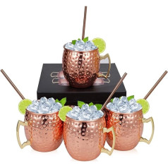Tumbler Set of 4 Hammered Moscow Mule Cups with 4 Copper Straws, Entertaining Bar Gift Set