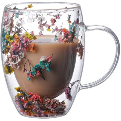 Four Tiger Double-Walled Glass Mugs 300 ml - Floral Pattern Coffee Cups with Handle - Tea Mug and Frosted Glass - Heat Resistant and Colourful - Ideal for Hot Drinks