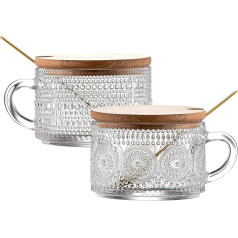 Hniuyun Vintage Coffee Mugs, 14 Ounce Glass Tea Cups with Lids and Spoons, Clear Embossed Glass Cups for Cappuccino, Latte, Cereal, Yogurt, Milk, Christmas, Thanksgiving Gifts, Set of 2