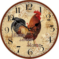 TAHEAT 34 cm Rustika Rooster Wall Clock Retro Quiet Non Ticking Easy to Read Clocks Battery Operated Decorative Wall Clocks for Kitchen/Living Room/Bedroom/Farmhouse Decoration
