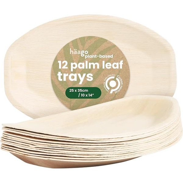 HAAGO 12 Palm Leaf Trays / Serving Bowls in Boat Shape (25 x 35 cm) Compostable & Disposable - Environmentally Friendly Picnic & Outdoor - Freezer & Microwave Safe