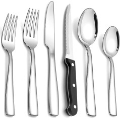 Herogo Cutlery Set for 6 People, 36-Piece Stainless Steel Cutlery Set with Steak Knife, Modern Cutlery Set with Knife, Fork Spoon, Mirror Finish Tableware, Rustproof and Dishwasher Safe, Metal Silver