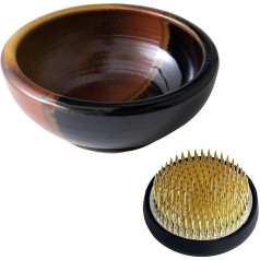 Wazakura Minoyaki Ikebana Essential Utensil Set - Small Round Ceramic Vase and Kenzan Flower Frog for Flower Arrangements - Black & Red Vase + 61 mm Brass Kenzan