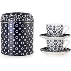 IMAGES D'ORIENT Kaokab Black White Blue Espresso Set 2 Espresso Cups with Coaster 90ml Porcelain Oriental Geometric Design with Tin Gift Box