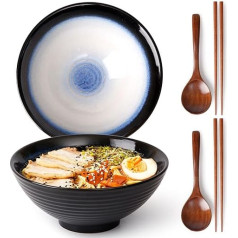 NUTRIUPS 2 Stück (6-teilige) Ramen Schüssel Set 1000ml Keramik Ramen Bowl mit Löffel und Essstäbchen, Japanische Suppenschüssel 20cm Ramen Schale (Moon Blue)