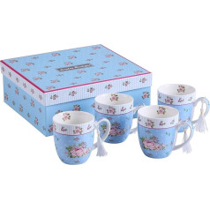 London Boutique k414, roséblau Kaffeetassen-Set aus feinem Porzellan, Shabby-Chic, Vintage-/Retro-Stil, Flora, Geschenk für sie, 330 ml, Rosenblau, 4 Stück, Keramik, Rose Blue