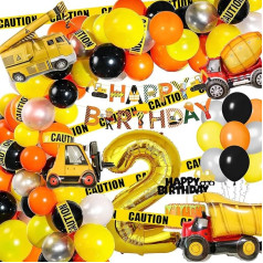 2nd Birthday Decorations for Boys, Construction Truck Digger Birthday Balloons, Digger Bulldozer Balloon Arch Garland Kit & Happy Birthday Banner, for 2nd Birthday Party Decorations Supplies