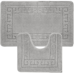 Ambience Products Bath and Pedestal Mat Set, Greek Rug Style 2 Pieces Bath Mats for Bathroom, Non-Slip Bathroom Rugs (Silver)
