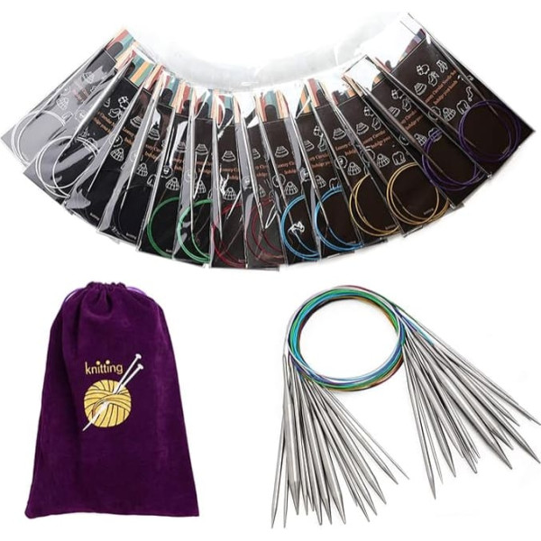 Circular Knitting Needle Set Stainless Steel Round Crochet Knitting Needles Pins Needle Set Sweater Needle Kit Crochet Hooks Yarn Needles for Weaving Projects, 14 Sizes 2.25 mm to 10 mm, 80 cm for