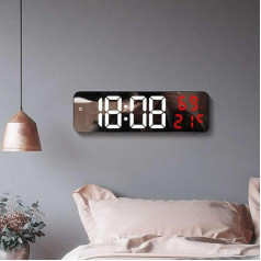 Aolyty LED Wall Clock, Digital Alarm Clock with Adjustable Brightness, Large Screen, Bedside Mirror, Clock with Temperature, Date, Humidity Display (White, Red)