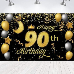 Sweet Happy 90th Birthday Hintergrund Banner Poster 90 Geburtstag Party Dekorationen 90. Geburtstag Party Supplies 90. Geburtstag Foto Hintergrund für Mädchen, Jungen, Frauen, Männer – Schwarz Gold