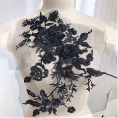 Qling 3D Embroidery Pearls - Lace Appliqué Flowers - Rhinestone Tulle Trim Fabric for DIY Cutout Wedding Dress - Clothing Embroidery Decoration