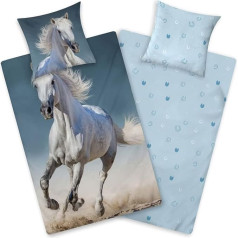 Aminata kids Horse Flannelette Bed Linen 135 x 200 cm Children's Cotton Horse Motif Zip Warm & Cuddly Flannel Winter Bedding Set - Reversible Bed Linen with Stars Blue Grey