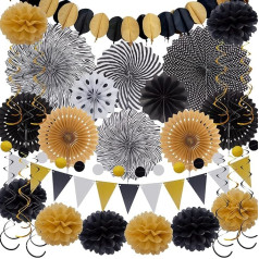 Party Decoration Birthday Festival Set - Huryfox 33 Pieces Black Gold Fiesta Kids Decoration Paper Pompoms Supplies Garland for Hanging with Honeycomb Balls, Suitable Holiday Garden Indoor Home