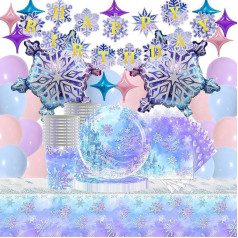 Snow Themed Birthday Party Set 90 Pieces Birthday Decoration Frozen, Plates, Tablecloths, Cups, Happy Birthday Banner, Napkin, Snowflake Balloon, Children's Birthday Table Decoration