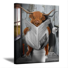 ZHONGYUTONG Funny Toilets Wall Picture with Frame Highland Cattle Cows Reading Newspapers in the Toilet Poster and Art Print Modern Bathroom Painting for the Wall (40 x 60 cm)