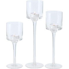 Set of 3 Crystal Clear Glass Long Stem Candle Holders 7.5cm Diameter 30cm 24cm 19cm Tall for Tea Lights and Votive Candles