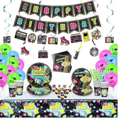 Lilwemen 80s Party Decoration Set, 80s Party Accessories, Including Happy Birthday Banner, Hanging Swirls, Plates, Napkins, Tablecloths, Cups, Tableware, Balloons - 20 Guests