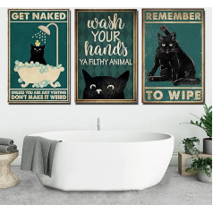 Trayosin Funny Black Cat Wall Art Set of 3, Vintage Wall Pictures, Canvas Poster Pictures, Bathroom, Bedroom Wall Poster, Wall Picture, Funny Bathroom Decoration, without Frame (50 x 70 cm)
