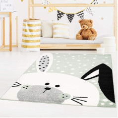 carpet city children’s rug, bubble kids flat pile floppy-eared rabbit, white polka dots, in pink, grey or green, for children’s room.