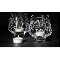 DIAMANTE 2 x Floral Votive Holders - Hand Etched - Premium Tea Lights Included