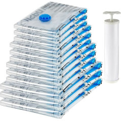 Amazon Basics Vacuum Bags for Clothes with Airtight Valve and Hand Pump – Multiple, 3 x Jumbo, 3 x Large, 3 x Medium, 3 x Small, 12 Pack, Clear