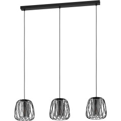 EGLO Floresta Pendant Light, 3-Bulb Pendant Light, Metal Pendant Light in Black and Smoked Glass in Black Transparent, Dining Table Lamp, Living Room Lamp Hanging with E27 Socket