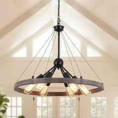 MRHYSWD Wagon Wheel Chandelier Ceiling Light for Living Room, 6 Lights, Rustic Industrial Outdoor Chandelier, Black Pendant Light for Dining Room, Kitchen, Hallway, Bedroom, Height Adjustment