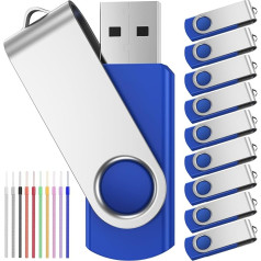 USB Stick 64GB Pack of 10 Portable Pen Drives 16GB Economical PenDrive Kit 10 Units USB 2.0 Key Rotating Storage Unit Blue Flash Drives with 10 Pieces Cables FEBNISCTE