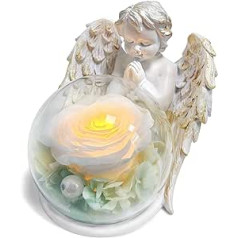 inyeskon Birthday Gift for Women, Eternal Rose with Angel Figure & LED Light in a Glass Dome, White Flower Angel Gifts for Her Mother Grandma for Birthday Christmas Mother's Day Valentine's Day