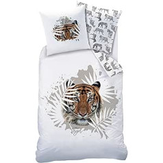 Matt&Rose Tiger Bed Linen Set, 135 x 200 cm, Children's Bed Linen, Teenager's Bed Linen, Wild & Free, Safari & Leaves, Pillowcase 80 x 80 cm + Duvet Cover 135 x 200 cm, 100% Cotton