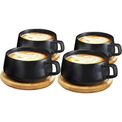VETIN 4 Pieces Cappuccino Cups with Saucer, Marble Cup, 300 ml Porcelain Espresso Cups for Tea Coffee Cappuccino, Coffee Cups with Wooden Disc (Black x 4)